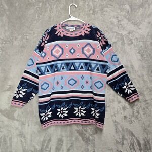 Vintage Private Eyes Sweater Women L/XL‎ Blue Pink Oversized Floral Geometric
